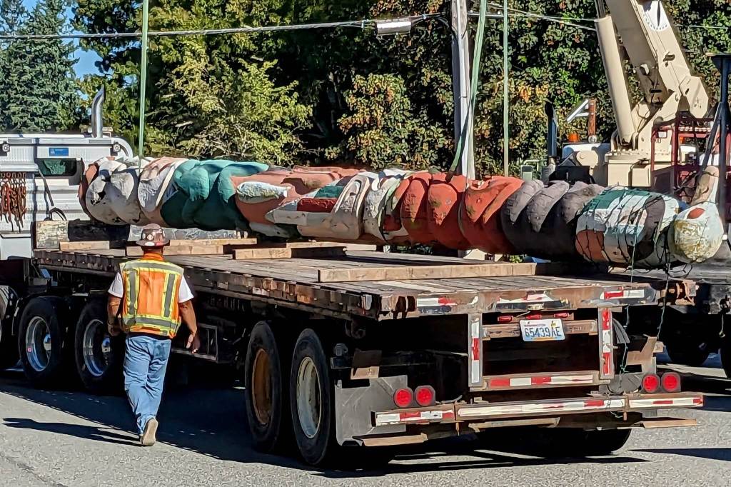 Photo by Conor Wilson/Valley Record
The Fall City Totem Pole is loaded on to a truck headed to Baxter Barn this past August.