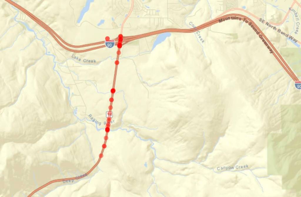 This map depicts the collisions that occurred throughout 2023 along the State Route 18. The darker the dot means there are multiple collisions at that location. (Screenshot from the Washington State Patrol)