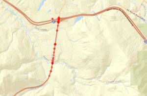 This map depicts the collisions that occurred throughout 2023 along the State Route 18. The darker the dot means there are multiple collisions at that location. (Screenshot from the Washington State Patrol)