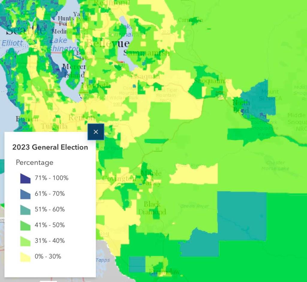 North Bend, in blue, saw a high voter turn out compared to most of King County. (Screenshot from King County Elections map)