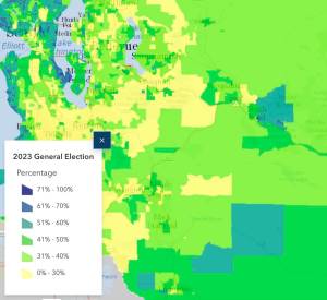 North Bend, in blue, saw a high voter turn out compared to most of King County. (Screenshot from King County Elections map)