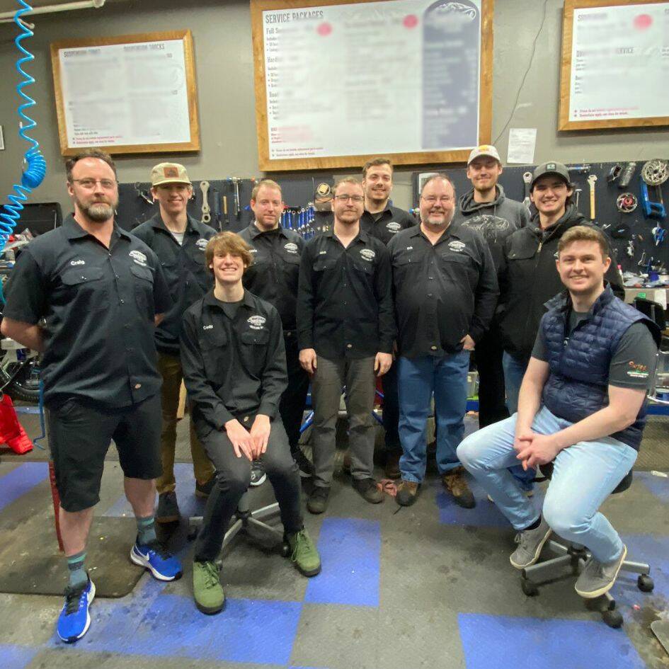 A group photo of past and present Singletrack Cycles employees. Photo courtesy of Erik Alston