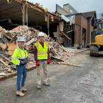 North Bend Mayor Mary Miller visiting the demolition site at the outlet mall. (Photo courtesy of the City of North Bend)