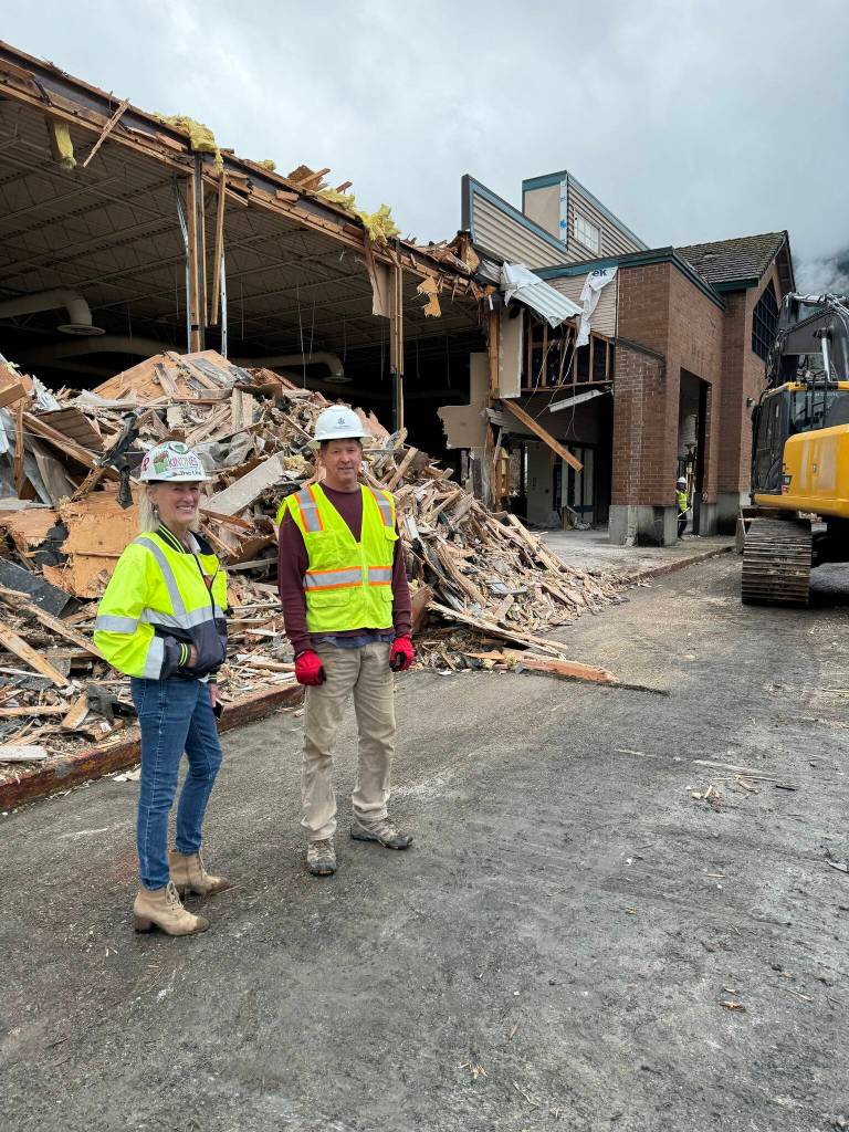 North Bend Mayor Mary Miller visiting the demolition site at the outlet mall. (Photo courtesy of the City of North Bend)
