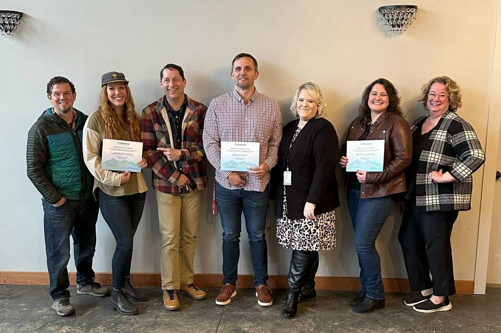 Derek Strey, the associate superintendent at Friends of Echo Glen, LaShann Ross, the sales manager at South Fork and Britni Larson, the manager at the North Bend Theatre and president of the North Bend Downtown Foundation were recognized as the Keep it Local Snoqualmie Valley Employees of the Quarter on March 28. Courtesy photo