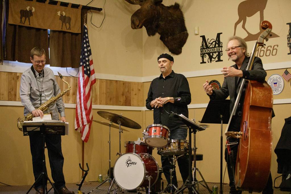 Photos by Ben Magnus/For the Valley Record
Jerry Steinhilber Trio greets the crowd after playing the opening song at The Moose Lodge. King Dahl on the bass and Josh Cook on the saxophone are led by Jerry Steinhilber on the drums.