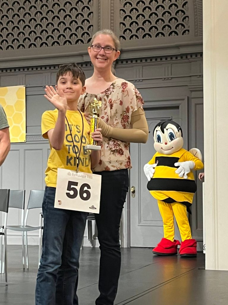 Declan and his mom Kim Mallady at the regional spelling bee. Photo courtesy of Kim Mallady
