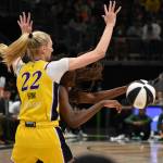 Ezi Magbegor makes a move on LAs Cameron Brink. Ben Ray / The Reporter