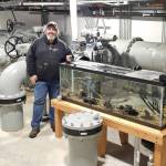 Plant Operator Craig Jess posing with the trout and a few goldfish living in the 125-gallon, effluent tank. Photo courtesy of the city of North Bend
