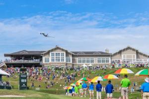 A Boeing plane flies over The Club at Snoqualmie Ridge course during the Boeing Classic. (Photo courtesy of Mike Centioli/Boeing Classic)