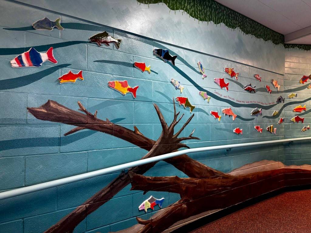 The interior portion of Carnation Elementarys new mural includes salmon of many sizes, painted driftwood and facts about salmon collected by students. Photos by Grace Gorenflo/For the Valley Record