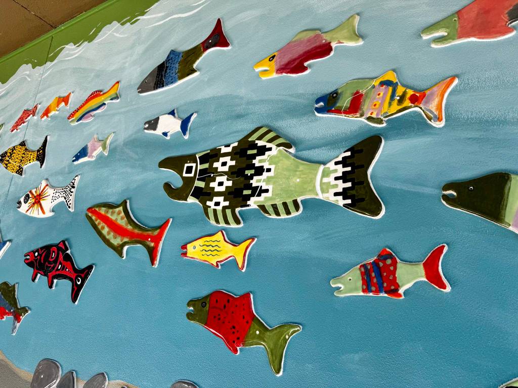 A variety of designs are shown on the ceramic salmon of Carnation Elementarys new mural. Photos by Grace Gorenflo/For the Valley Record
