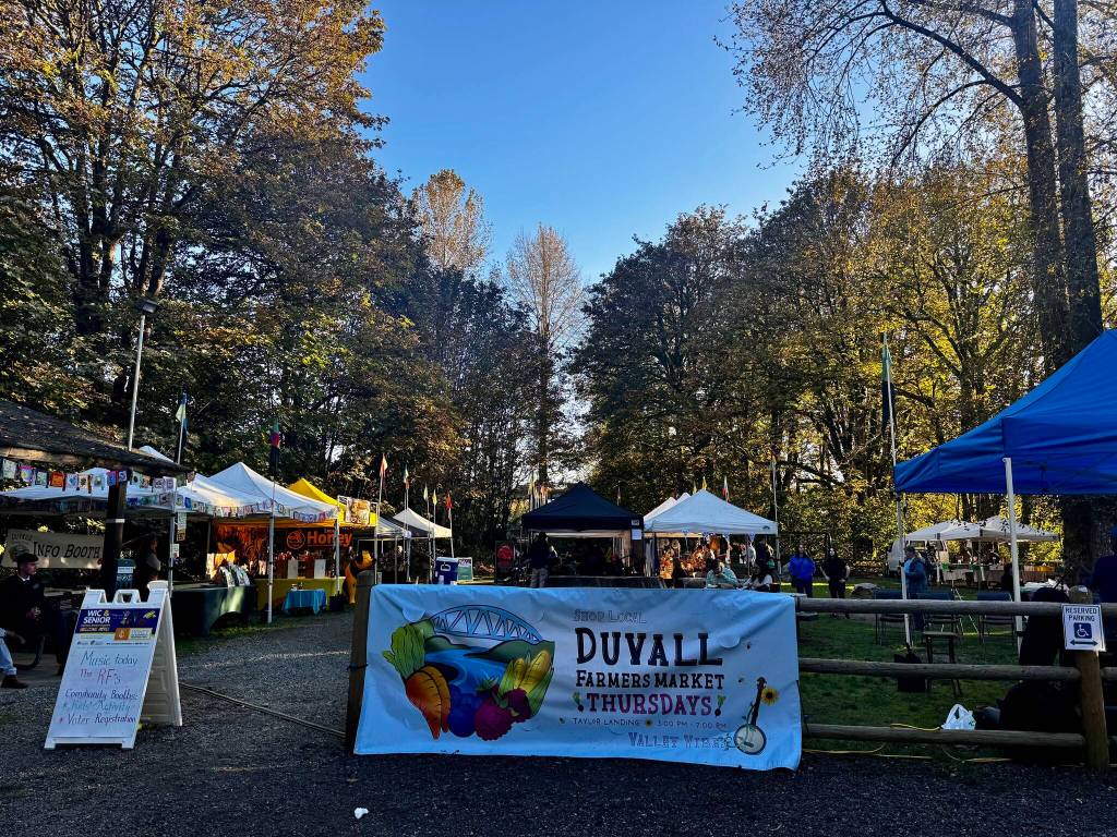 A banner with this seasons new branding hangs at the entrance to the Duvall Farmers Market on Oct. 3, 2024. (Grace Gorenflo/Valley Record)