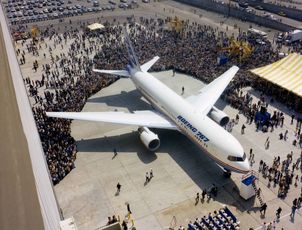 Aug. 4, 1981, was a memorable day for Boeing. The companys first new commercial transport in more than a dozen years, the Boeing 767, rolled out of the Everett, Washington, plant in front of 15,000 onlookers. This widebody airplane was the first of a new generation of Boeing commercial transports designed for the fuel-conscious 1980s. Using the latest technology, the 767 promised to burn 30 percent less fuel than the generation of transports it was replacing. (Courtesy photo)