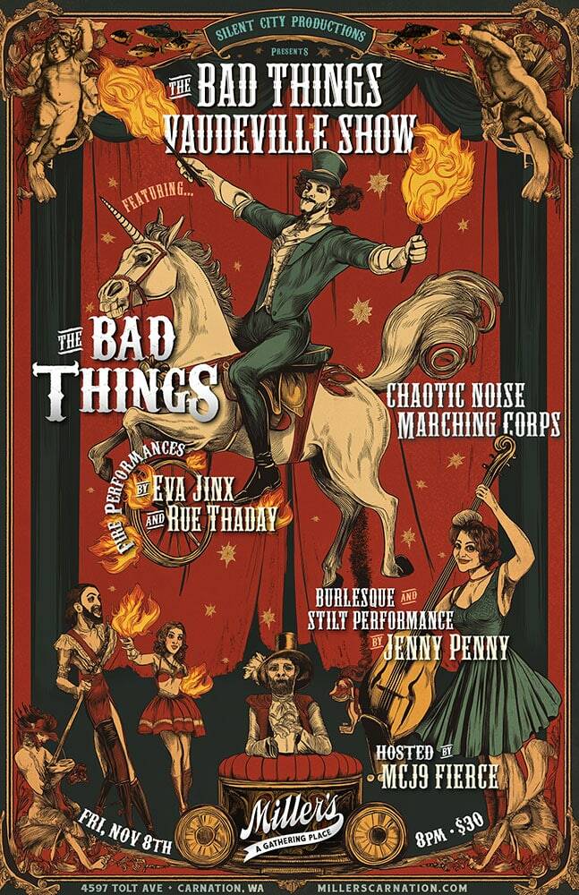 A poster for the Bad Things vaudeville show at Millers Carnation. Courtesy of Millers Carnation