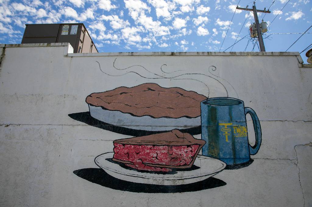 A mural of pie and coffee decorates the exterior of Twedes Cafe in North Bend. (Ryan Berry / Sound Publishing)