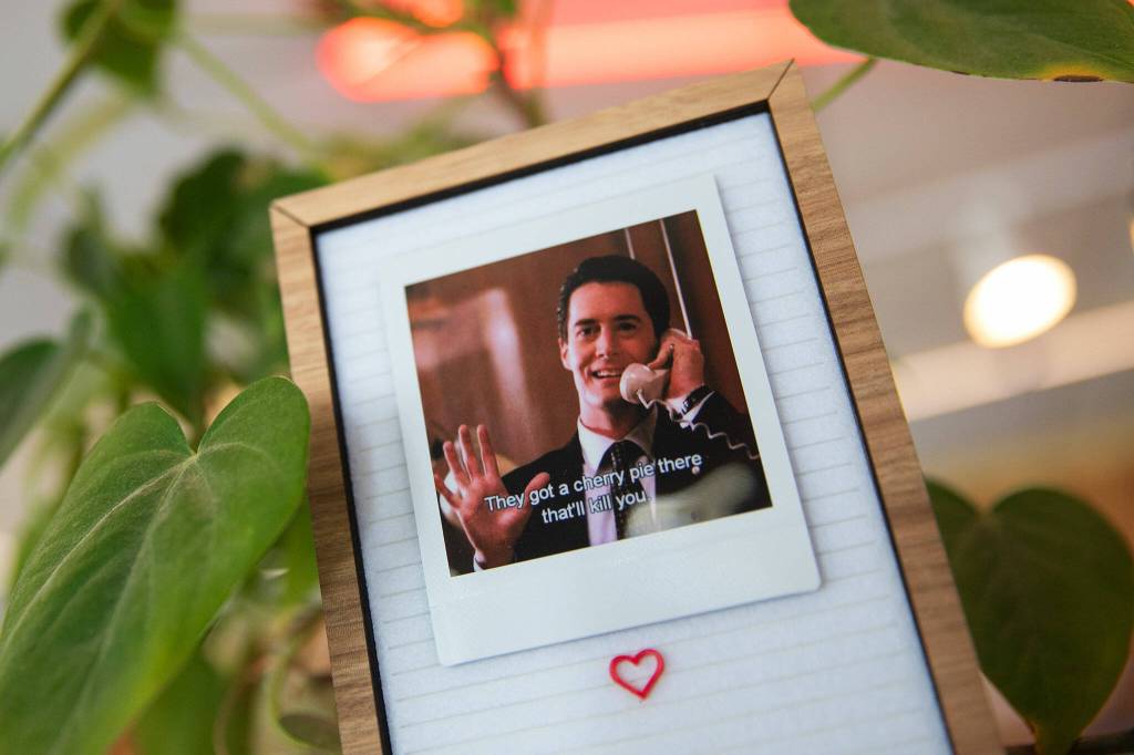 A photo of Twin Peaks character Dale Cooper sits on the counter at Twedes Cafe in North Bend. (Ryan Berry / Sound Publishing)