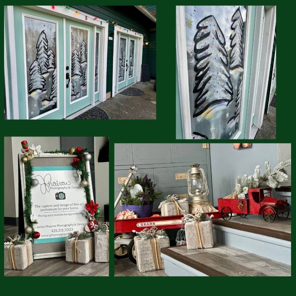 Jackie Phairow Photography & Designs windowscape includes painted Christmas trees and other holiday decor. Photo courtesy of Jackie Phairow