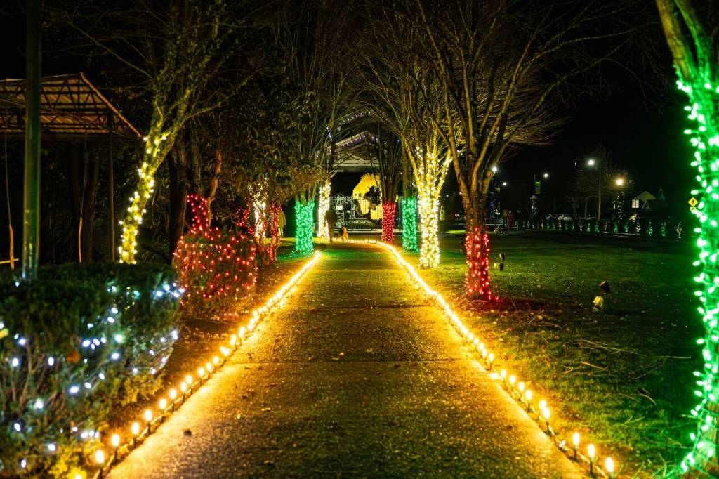 Railroad Community Park is decorated for the Snoqualmie Winter Lights celebration on December 7, 2024, in Snoqualmie, Washington.