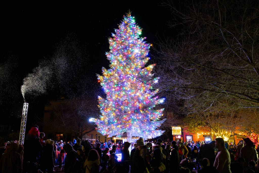 Spectators watch the tree lighting during the Snoqualmie Winter Lights celebration on December 7, 2024, in Snoqualmie, Washington.