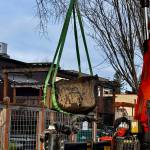 A Marenakos Rock Center employee lowers the bird bath into its new home at Down to Earth.