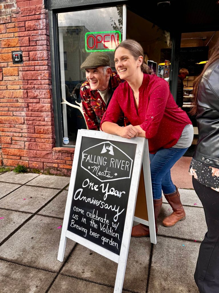 Christeena and Darron Marzolf pose for a photo outside Falling River Meats at the butcher shops ribbon cutting Oct. 17, 2024. Photo by Grace Gorenflo/Valley Record