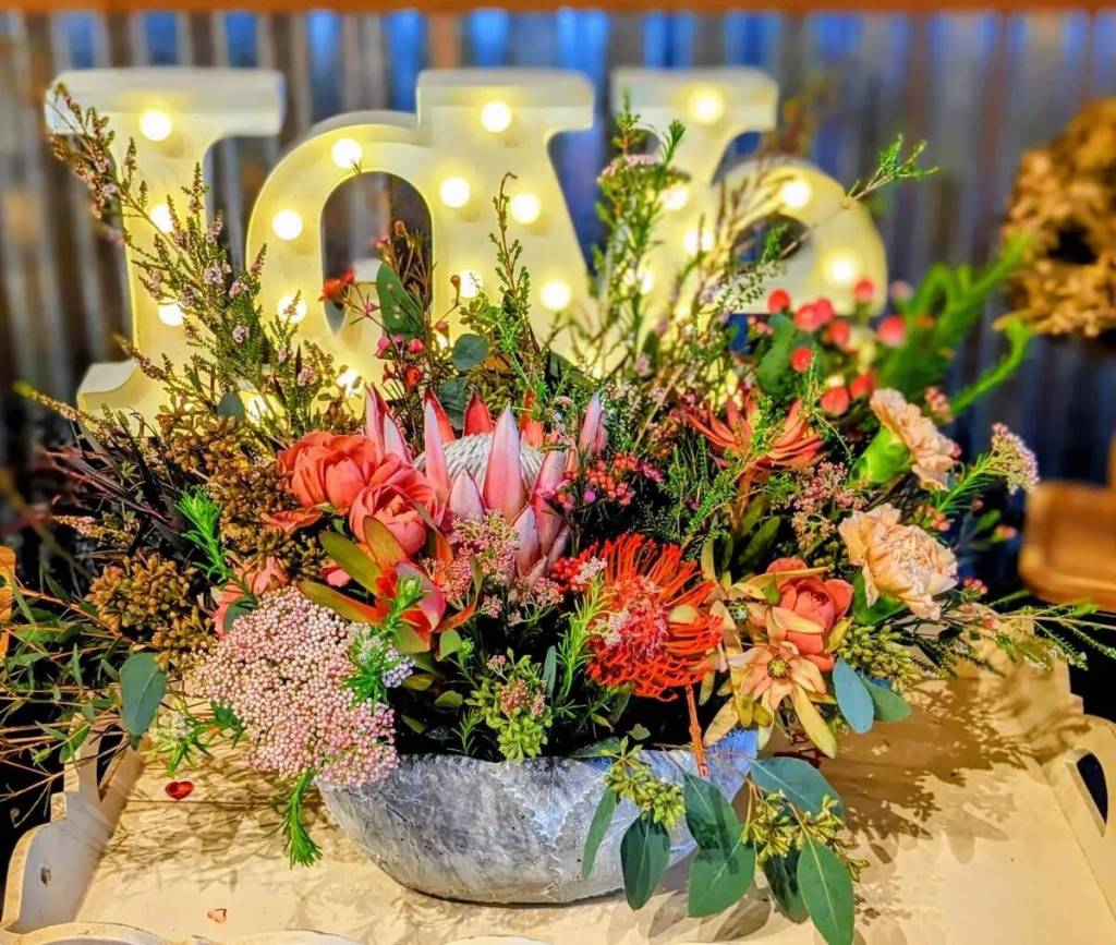 A Valentines Day floral arrangement. Photo courtesy of Barzens Blooms