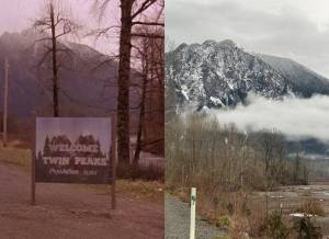 A then versus now comparison of the location of the Welcome to Twin Peaks sign from the shows opening credits. Left: A snapshot of Twin Peaks season 1, episode 1. Right: Mount Si from SE Reinig Road, Feb. 15, 2025. Grace Gorenflo/Valley Record