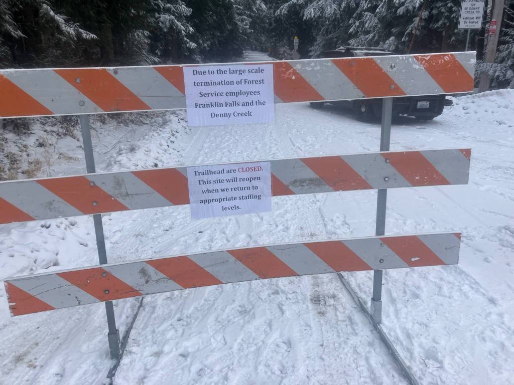 Road signage alerts visitors that the Denny Creek and Franklin Falls trailheads are closed due to staffing shortages. Photo courtesy of the Mountains to Sound Greenway Trust