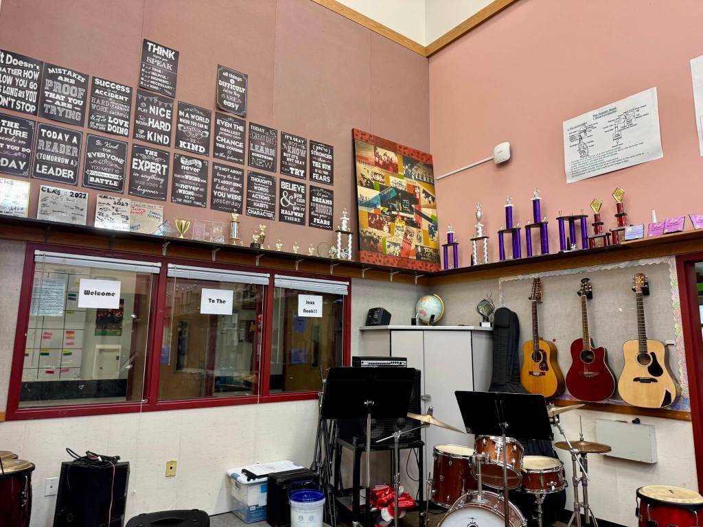 Awards line the walls of Cedarcrest High Schools music room, Feb. 25, 2025. (Grace Gorenflo/Valley Record)