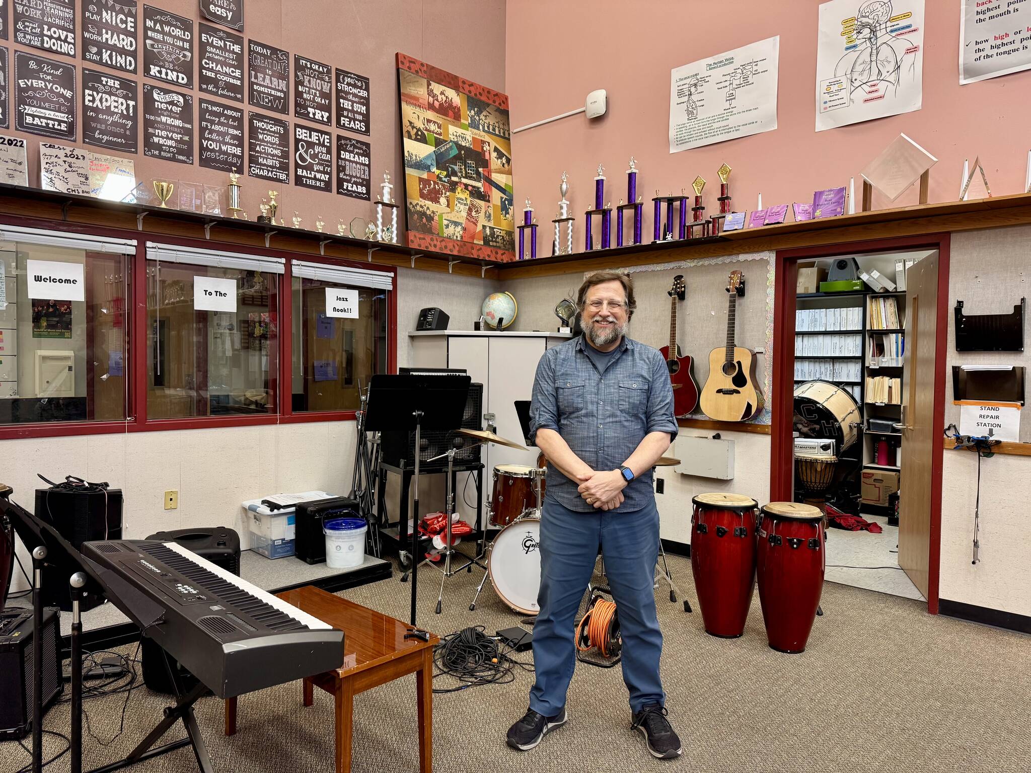 Dean Snavely, Cedarcrest High School music director, stands for a photo in the schools music room, Feb. 25, 2025. Grace Gorenflo/Valley Record