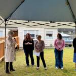 North Bend Mayor Mary Miller speaks at the Snoqualmie Valley Healing Center ribbon-cutting ceremony March 12, 2025. From left: Miller; SnoValley Chamber CEO Kelly Coughlin; Chaplain Patti Yetneberk; CarePoint Clinic Executive Director Misty Messer; Snoqualmie Mayor Katherine Ross. (Grace Gorenflo/Valley Record)