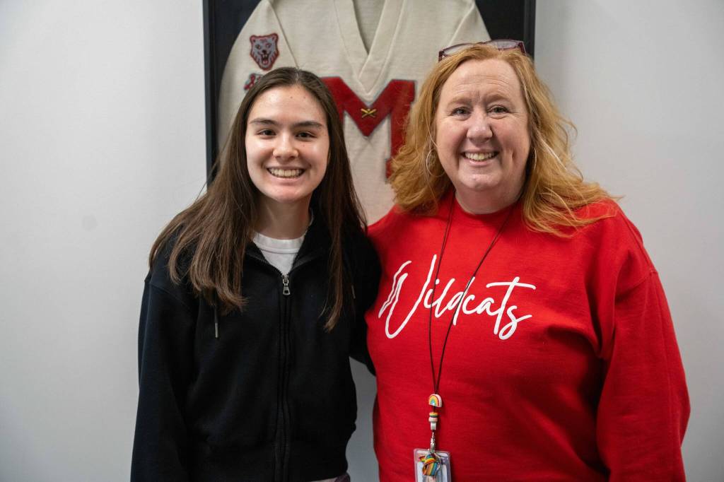 Mount Si High School junior Sophia Long stands for a photo with Principal Debra Hay, March 19, 2025. Photo courtesy of Conor Laffey/Snoqualmie Valley School District