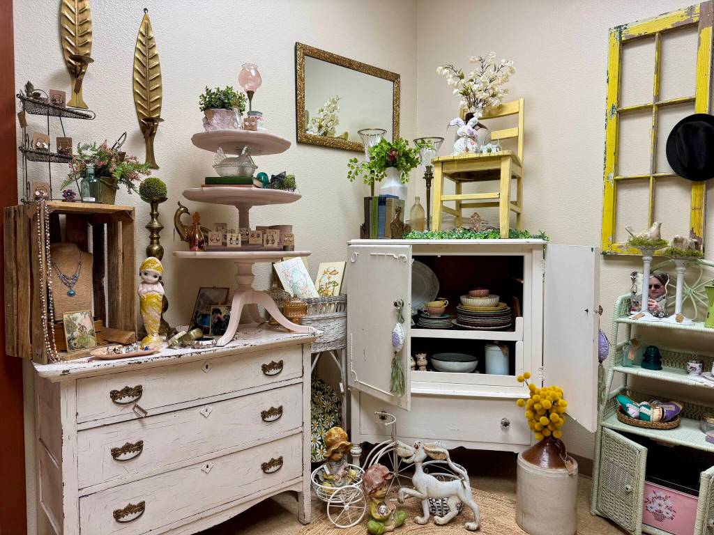 A display designed by Blue Iris Vintage Co. vendor Sara McGregor, including a 1930s Kewpie doll, March 22, 2025.