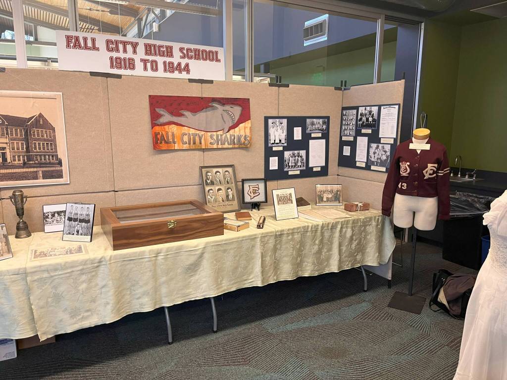 A display about Fall Citys historic high school at the 2025 Fall City Historical Society pop-up museum. Photo courtesy of Cindy Parks