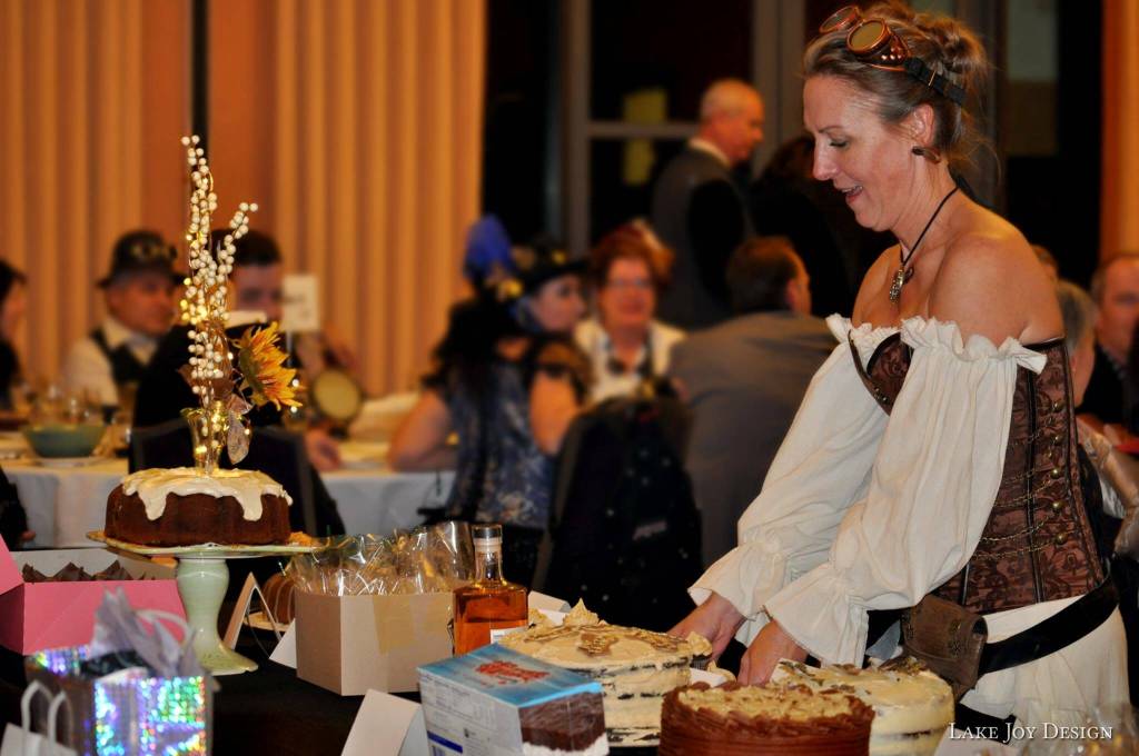 An auction table at the 2018 Northwest Art Center steampunk-themed benefit auction. Photo courtesy of Northwest Art Center/Lake Joy Design