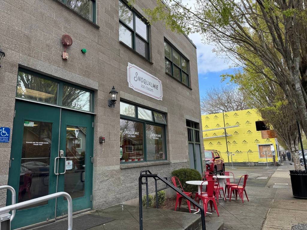 The temporary location of Snoqualmie Ice Cream, on the backside of the permanent shop, April 11, 2025. (Grace Gorenflo/Valley Record)