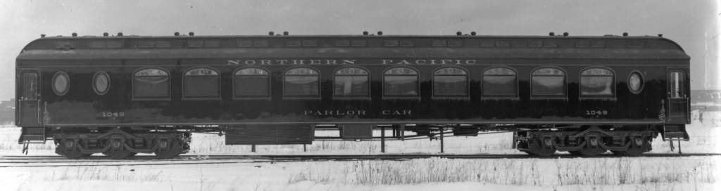 The black and white exterior photos represents the parlor car in 1901 prior to delivery to the Northern Pacific Railway. Courtesy of Northwest Railway Museum