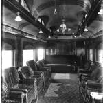 The black and white interior photo of the parlor car was taken in 1901 and illustrates what the original ceiling was like in the main room. Courtesy of Northwest Railway Museum