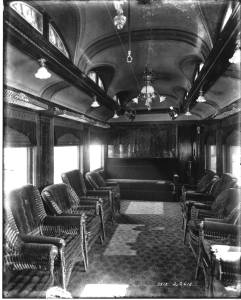 The black and white interior photo of the parlor car was taken in 1901 and illustrates what the original ceiling was like in the main room. Courtesy of Northwest Railway Museum