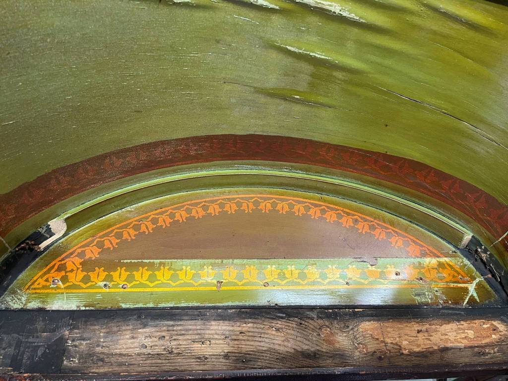 This photo illustrates the one surviving section of ceiling dating from 1901, and represents what the entire parlor car interior ceiling will look like when all the work is completed. Courtesy of Northwest Railway Museum