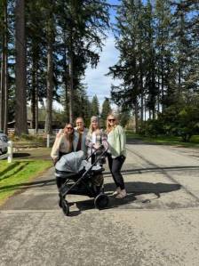 A group of moms stand for a photo during a Fall City walk in April 2025. Photo courtesy of Gretchen Rohrbaugh