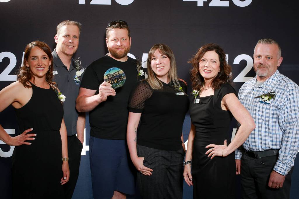 Members of Carnation City Council and staff stand for a photo at 425 Magazines Best Of awards ceremony May 8, 2025. From left: Mayor Adair Hawkins; Councilmember Ryan Burrell; Councilmember Brodie Nelson; Councilmember Jessica Merizan; City Manager Rhonda Ender; Deputy Mayor Jim Ribail. Photo courtesy of Verbovski Photography