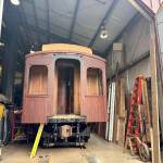 An exterior end of parlor car 1049 in the Northwest Railway Museums workshop, April 29, 2025.