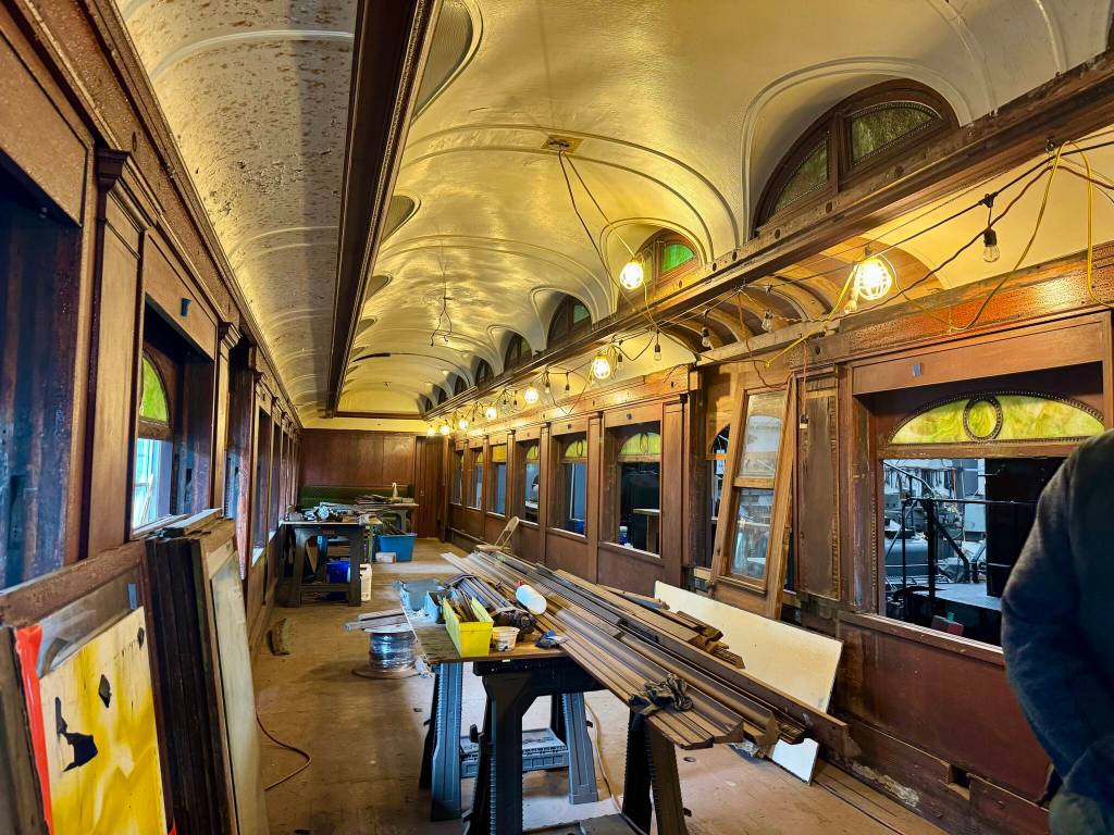 The inside of parlor car 1049 in the Northwest Railway Museums workshop, April 29, 2025. Photos by Grace Gorenflo/Valley Record