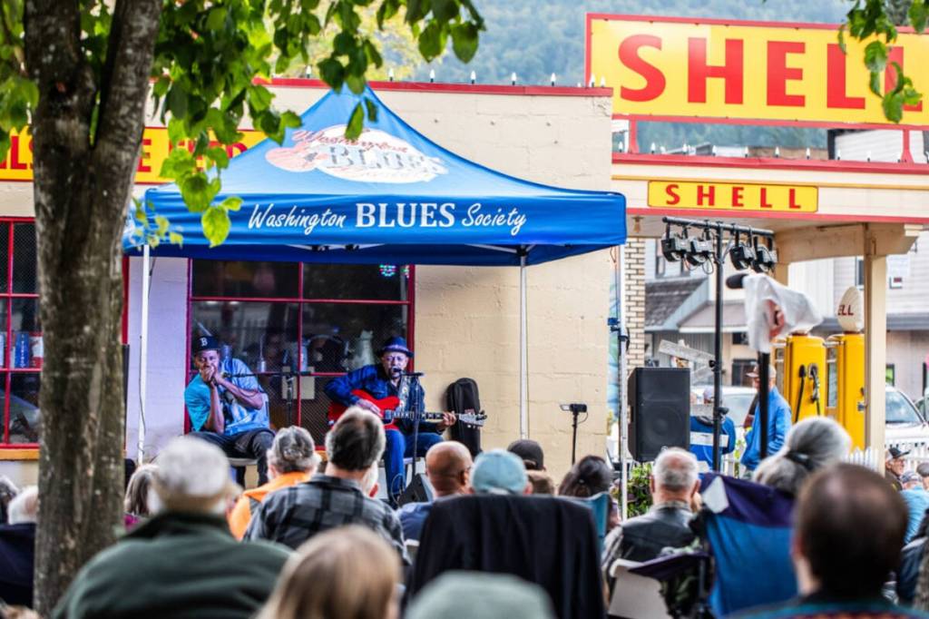 The Gas Station Blues series is held outside the Historic Shell Station on Front Street in Downtown Issaquah. Photo courtesy of Downtown Issaquah Association.