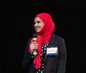 Maanha Nasir, Snoqualmie, a student at Washington Virtual Academies, answers questions from judges during the final round of the National Civics Bee Washington State Championship. Maanha ended up winning the competition, taking home a $1,000 cash prize and airline tickets for herself and a parent to go to Washington, D.C., in November to compete in the National Civics Bee championship. Middle-school students from across the state competed for the state championship in the National Civics Bee during a competition hosted by the AWB Institute at Olympia High School on Saturday, June 21, 2025. Photo: Brian Mittge/AWB
