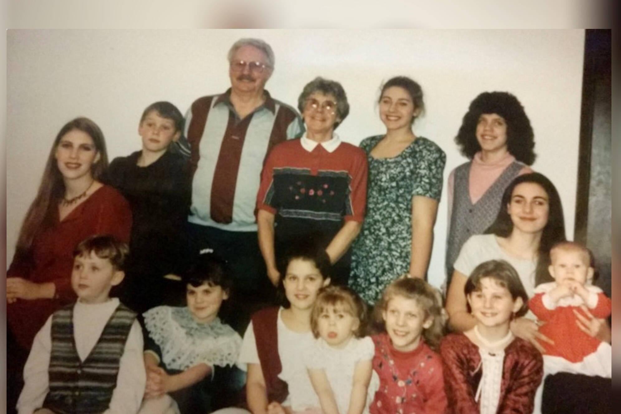 Kevin’s parents, Herb and Helen Hauglie – pictured here with all of their grandchildren – purchased juvenile life insurance for each one of them. Courtesy Kevin Hauglie Insurance.