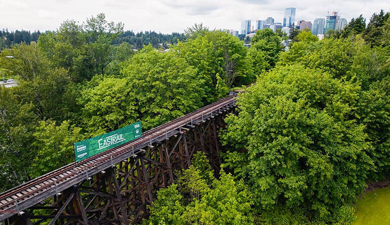 The proposed levy renewal would provide funding needed to complete the transformation of Wilburton Trestle - a historic wooden railway trestle in Bellevue - and adding it to Eastrail. Photo courtesy of King County