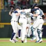 Mariners do their win dance after defeating the Brewers 1-0. Courtesy photo via Seattle Mariners.